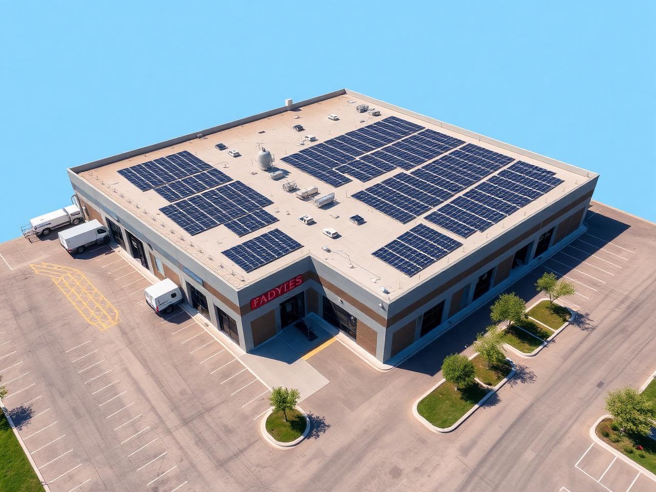 Aerial view of a commercial building with a full rooftop solar array