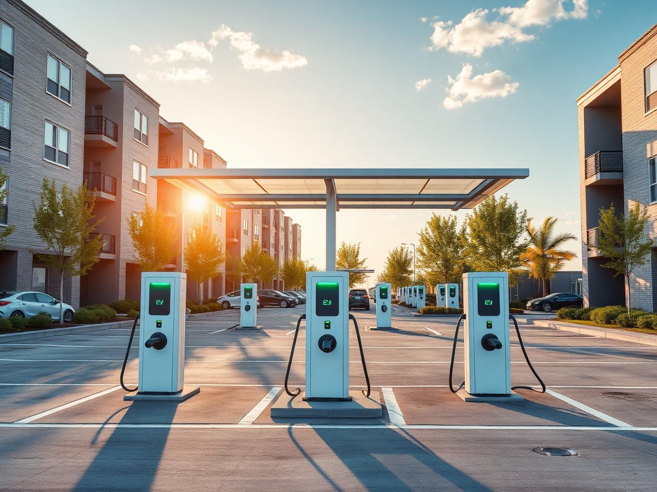 EV charging stations in an apartment community parking lot under a solar canopy